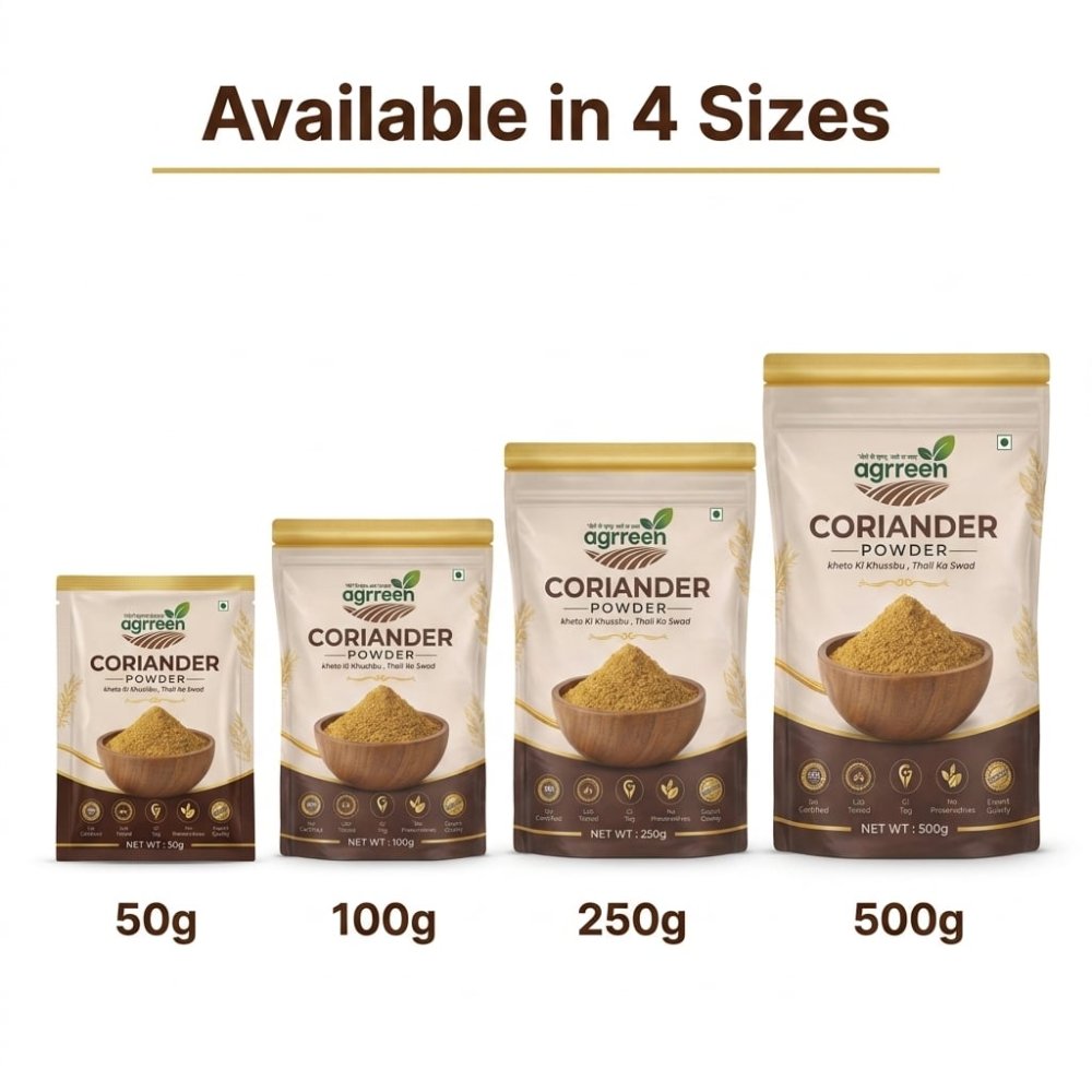 AGRREEN Coriander Powder available in four pack sizes — 50g, 100g, 250g and 500g