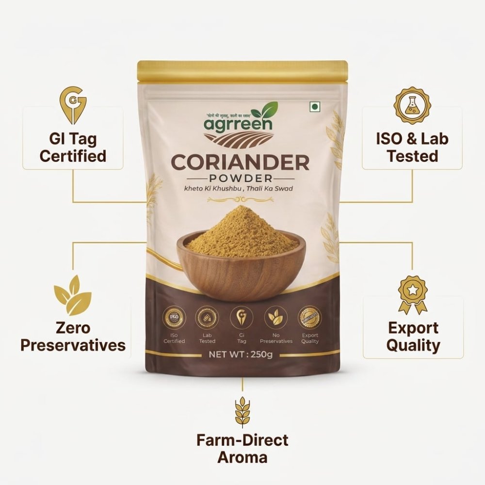 AGRREEN Coriander Powder pack with feature callouts — GI tag certified, zero preservatives, farm-direct aroma