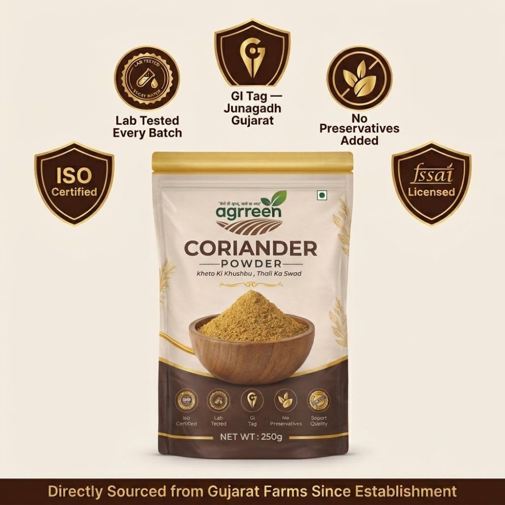 AGRREEN Coriander Powder pack with certification badges — ISO certified, FSSAI licensed, GI tag Junagadh Gujarat, lab tested every batch