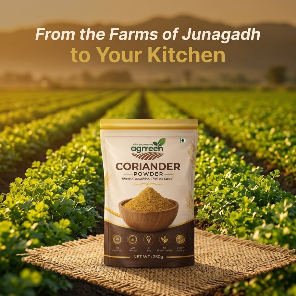 AGRREEN Coriander Powder pack displayed in a coriander farm field in Junagadh at sunset
