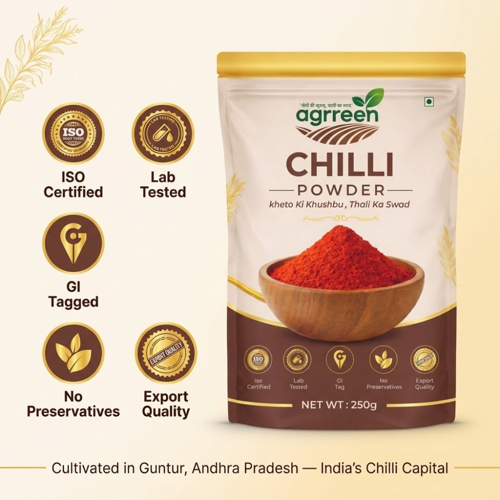 AGRREEN Guntur Chilli Powder pack with certification badges — ISO certified, lab tested, GI tagged, cultivated in Guntur Andhra Pradesh