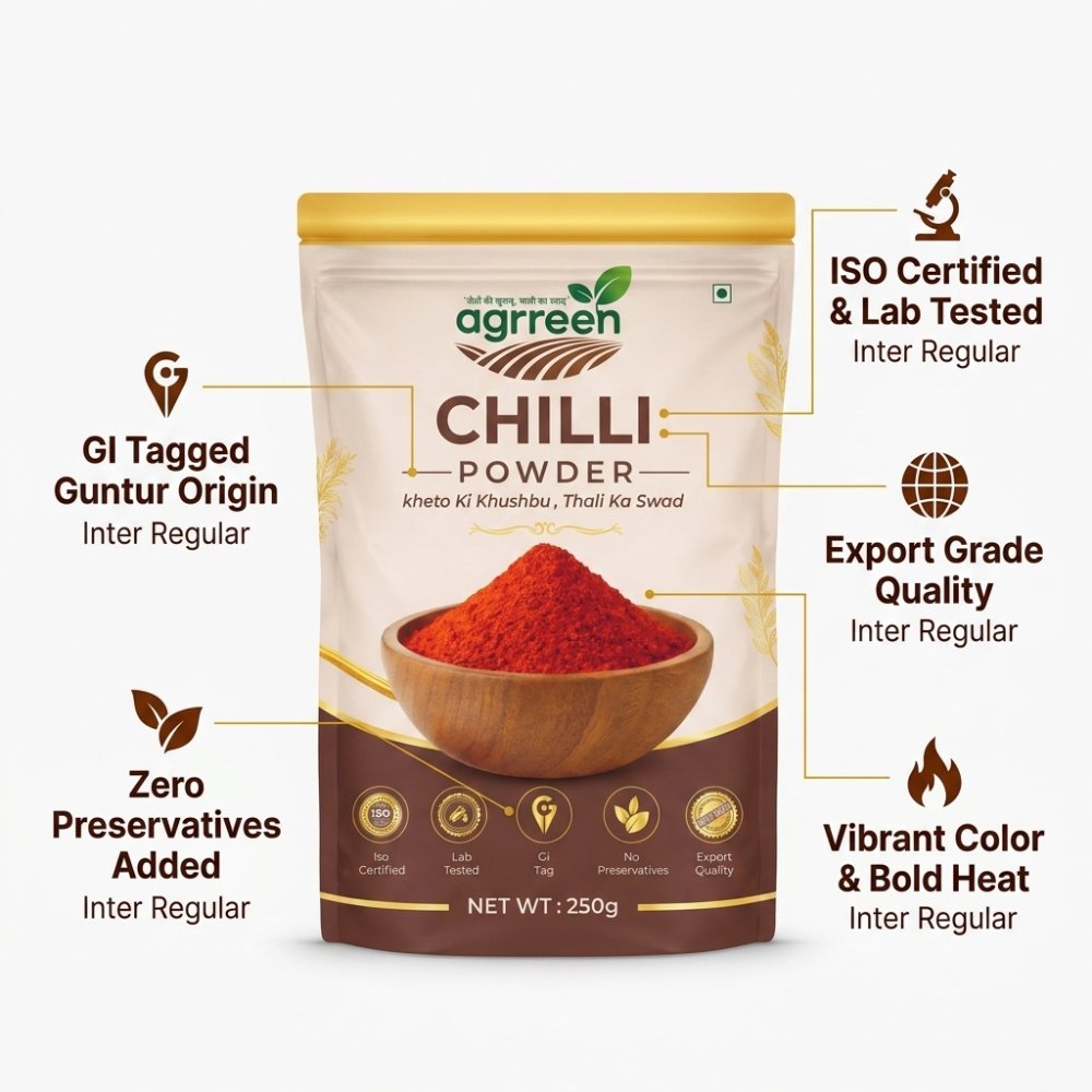 AGRREEN Guntur Chilli Powder pack with feature callouts — GI tagged Guntur origin, zero preservatives, vibrant colour and bold heat