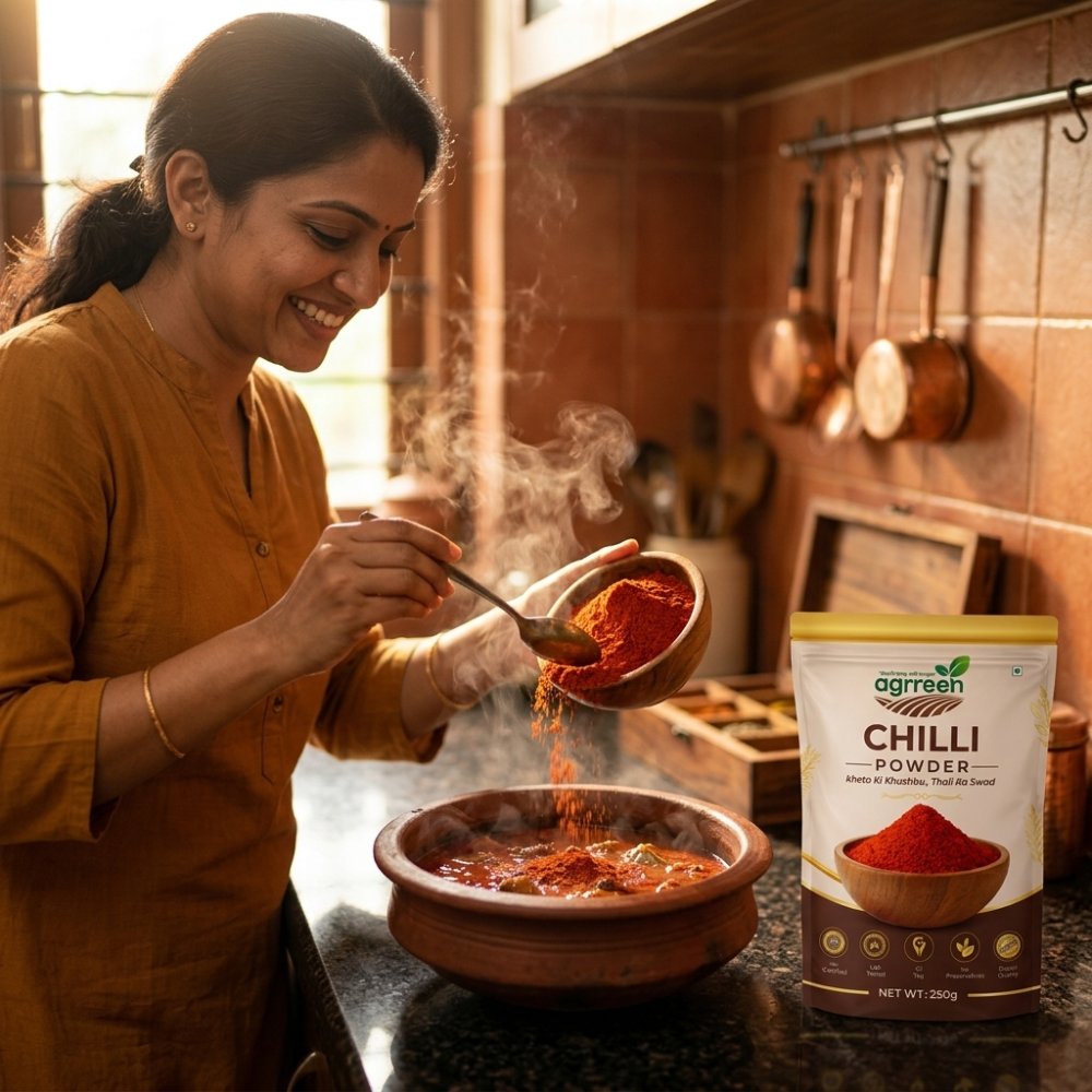 AGRREEN Guntur Chilli Powder pack beside a woman adding chilli powder to a curry cooking in a clay pot