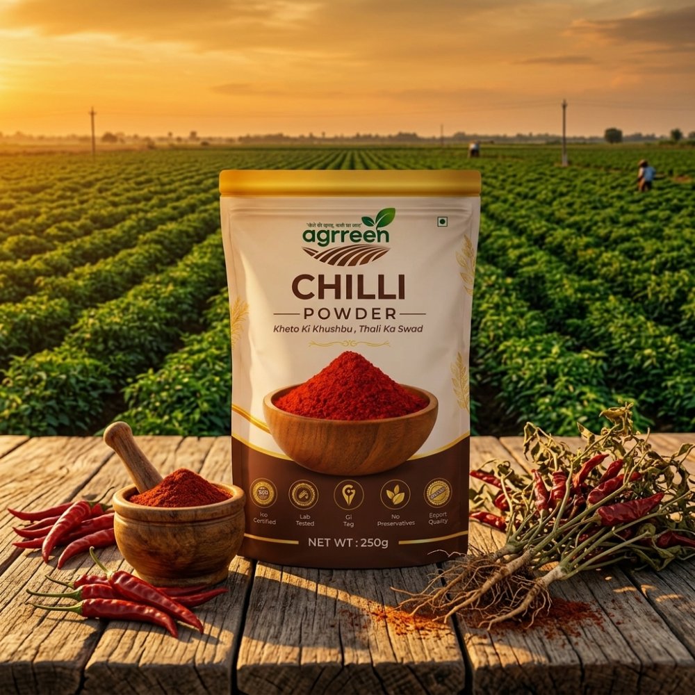 AGRREEN Guntur Chilli Powder pack displayed in a chilli farm field at sunset with fresh red chillies and a stone mortar