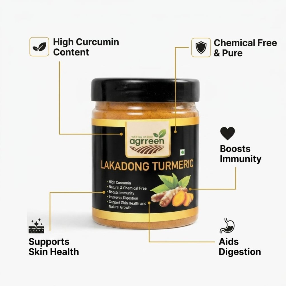 AGRREEN Lakadong Turmeric jar with benefit callouts — high curcumin content, chemical-free, boosts immunity, aids digestion