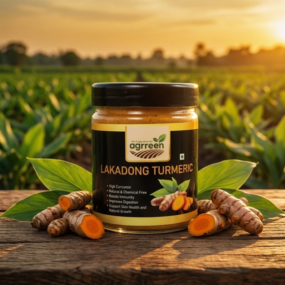 AGRREEN Lakadong Turmeric jar displayed in a farm field at sunset with fresh turmeric roots