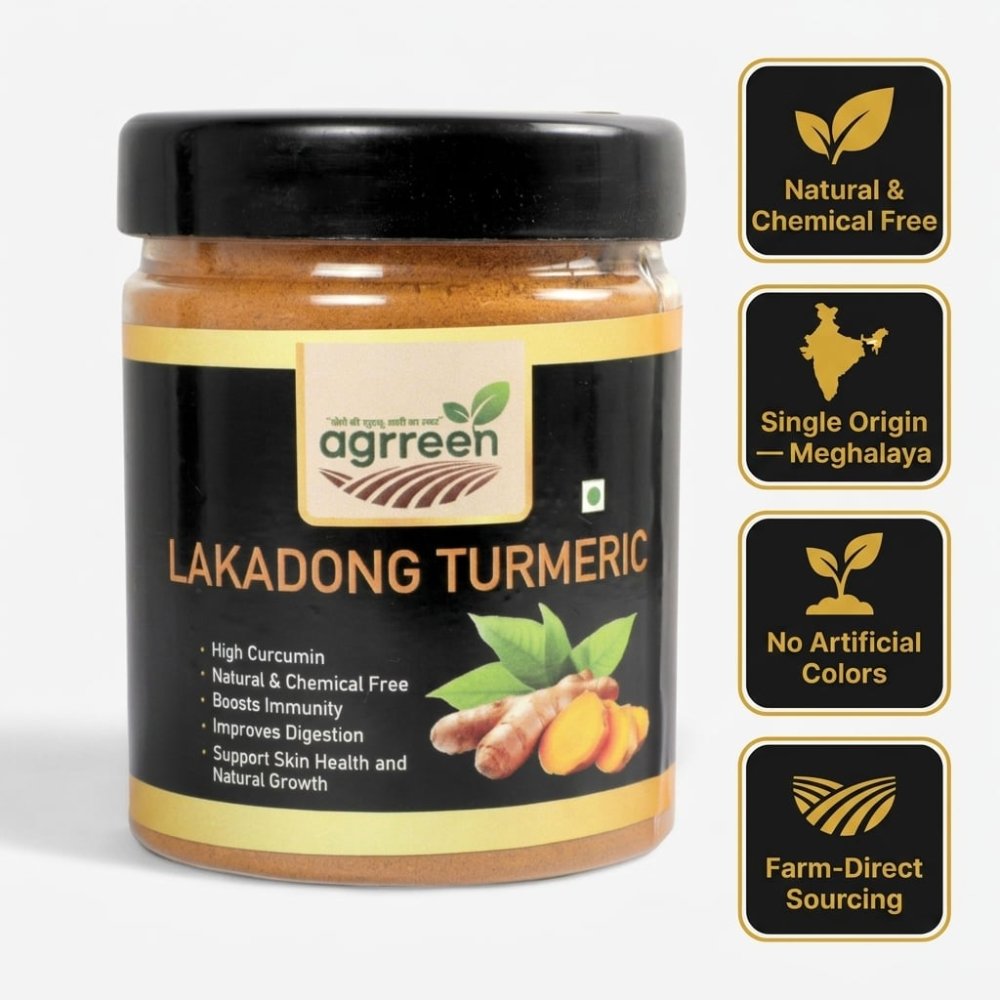 AGRREEN Lakadong Turmeric jar with sourcing badges — single origin Meghalaya, no artificial colours, farm-direct sourcing